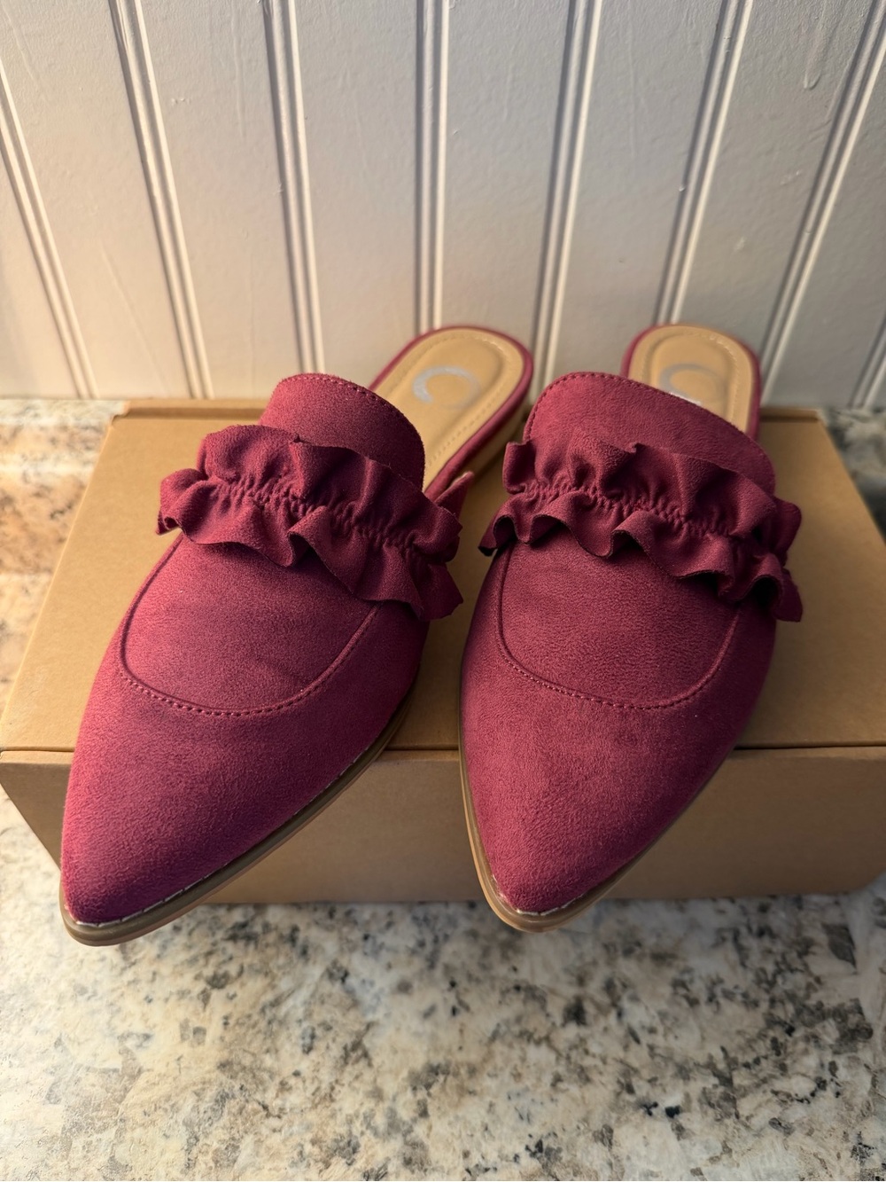Journee Collection Wine Purple Kessie Ruffle-Trim Pointed Mules Loafers